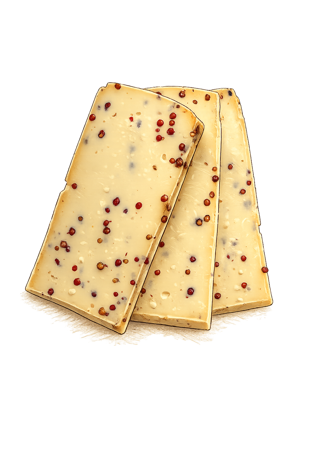 Raclette Rosapfeffer – drei Käsescheiben mit roten Pfefferbeeren