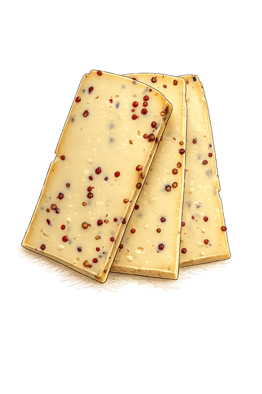 Raclette Rosapfeffer – drei Käsescheiben mit roten Pfefferbeeren