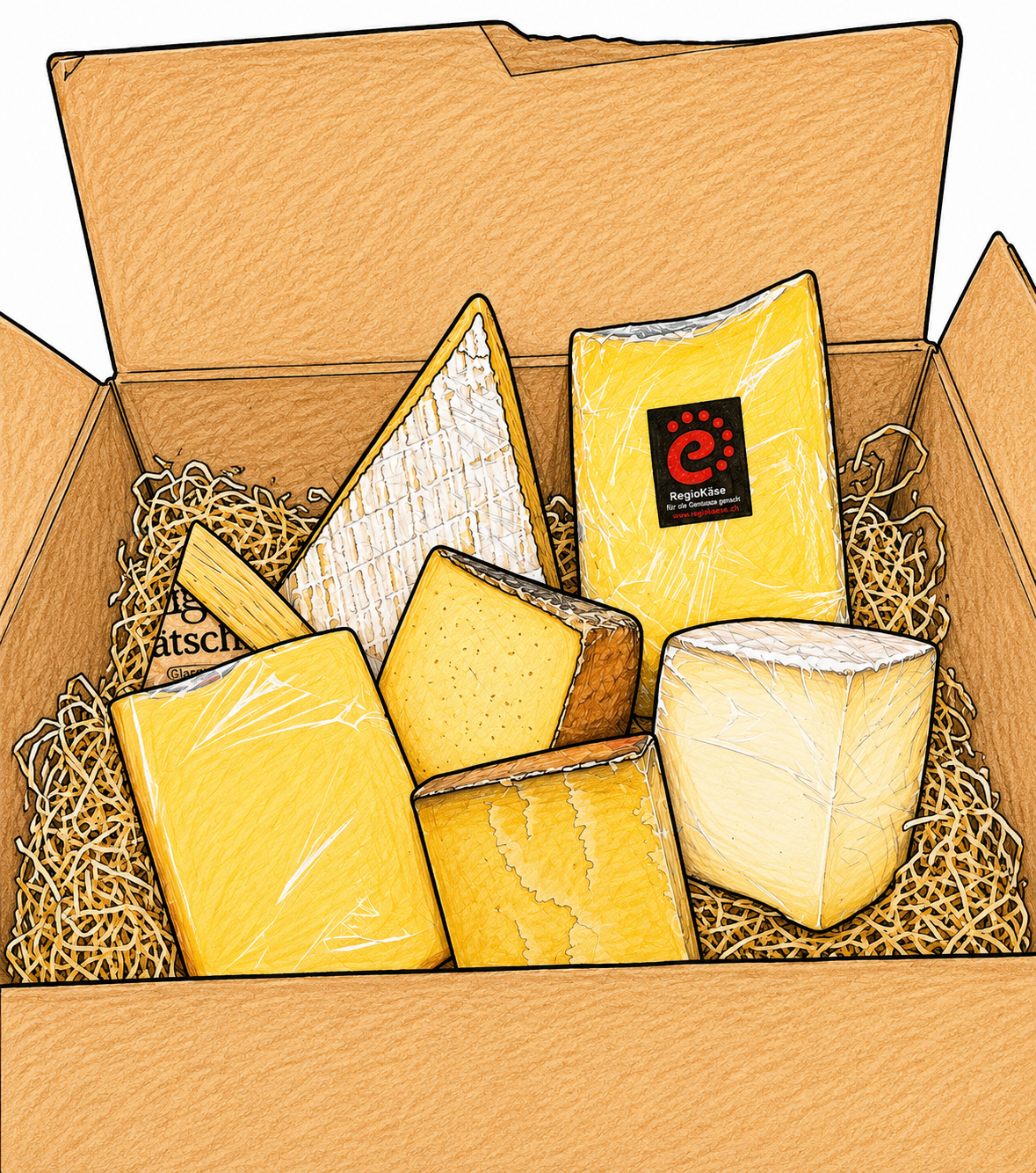Käseabo Box mit verschiedenen Schweizer Käsesorten im Buntstift-Illustrationsstil