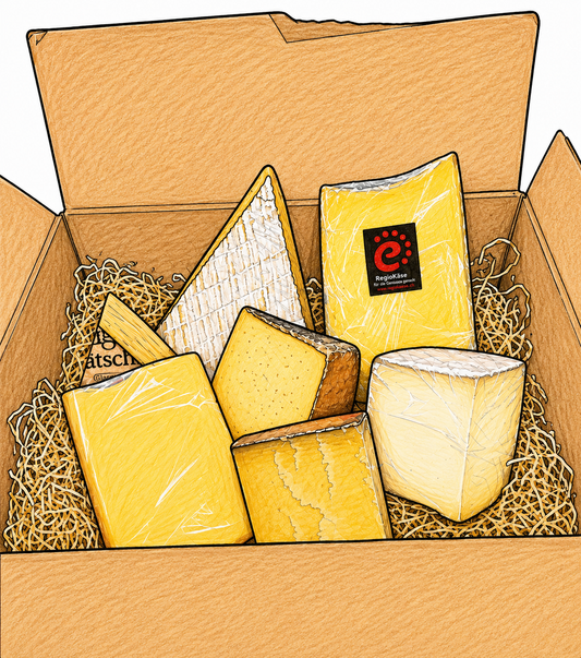 Käseabo Box mit verschiedenen Schweizer Käsesorten im Buntstift-Illustrationsstil