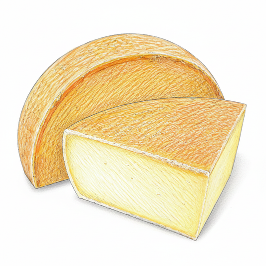 Alpkäse Mettenen – Halblaib und Viertelstück mit goldener Rinde und hellem Teig, Illustration