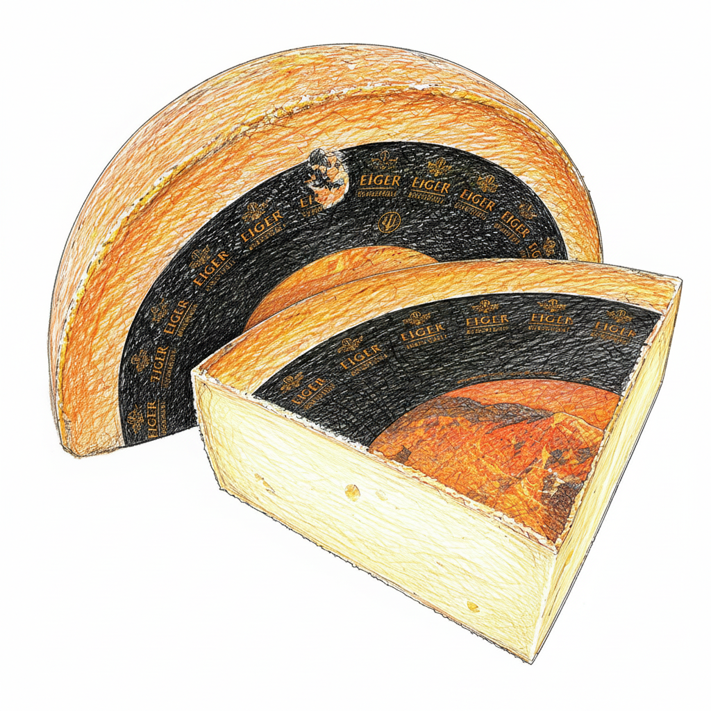 Eiger Bergsteiger – Halblaib und Viertelstück mit schwarzer Rinde und orangem Teig, Illustration